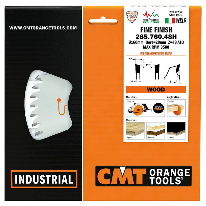 CMT Orange Tools 285.760.48H FINE FINISH 160x0.086”/0.063”x20mm T=48 ATB