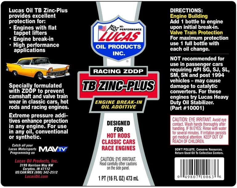 Lucas Oil 10063 Engine Break in Oil Additive w/TB Zinc Plus - 16 Ounce (Pack of 12)
