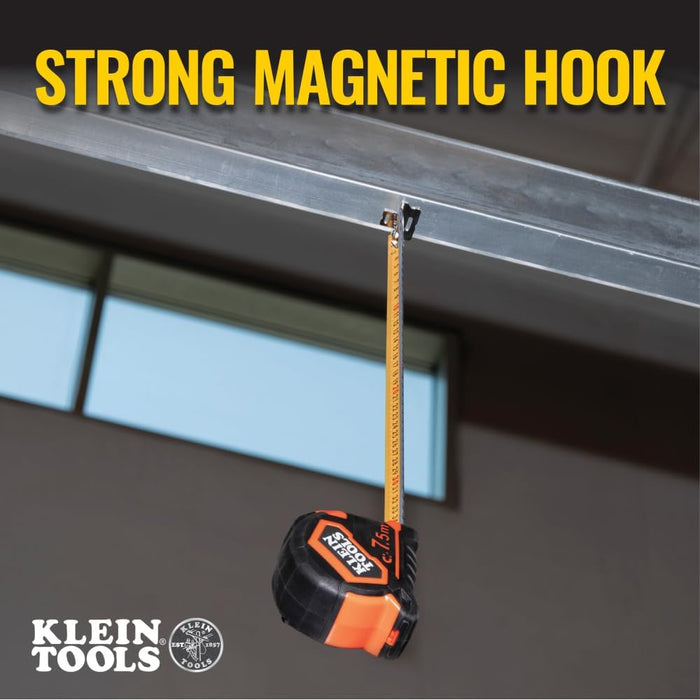 Klein Tools (9375) Tape Measure, Heavy-Duty Measuring Tape with 7.5 m Metric Double-Hook Double-Sided Nylon Reinforced Blade, Metal Belt Clip