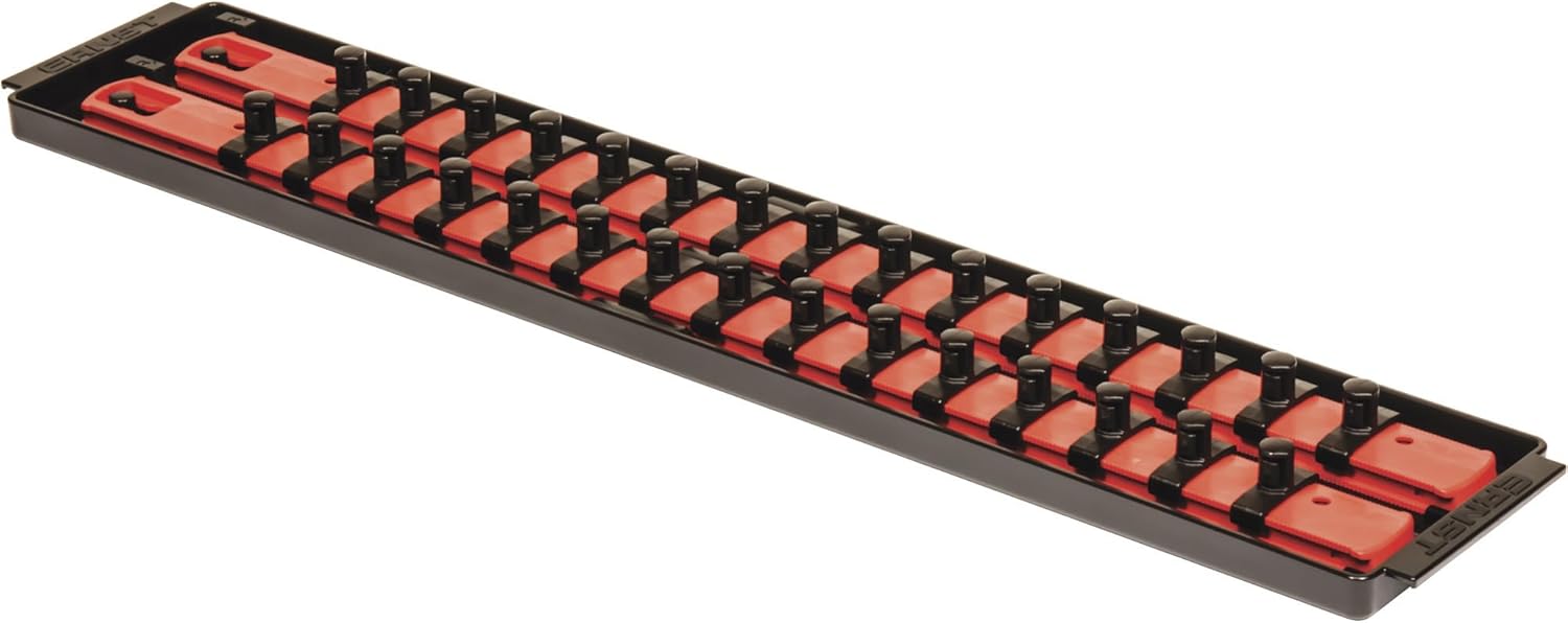 Ernst Manufacturing - 8453 Socket Boss 2-Rail 3/8-Inch-Drive Socket Organizer, 19-Inch, Red - Socket Storage Tray and Organization System for Mechanics and Automotive Service Technicians - Made in USA 19-INCH 3/8" Red