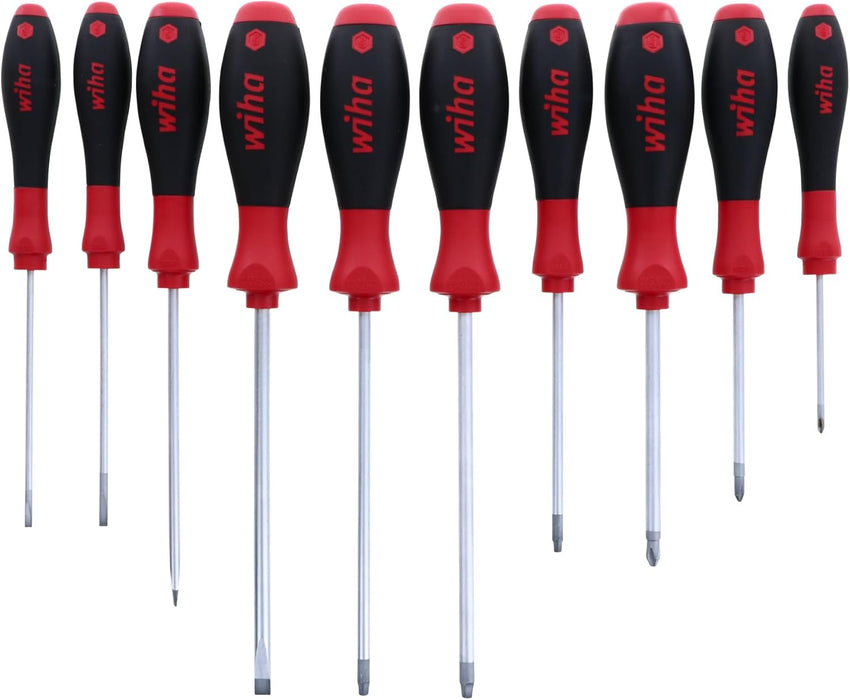 Wiha 30290 SoftFinish Grip ScrewDriver Set, Slotted 3.0-6.5, Phillips Number 0 -2 and Square Number 1-3, 10-Piece Set