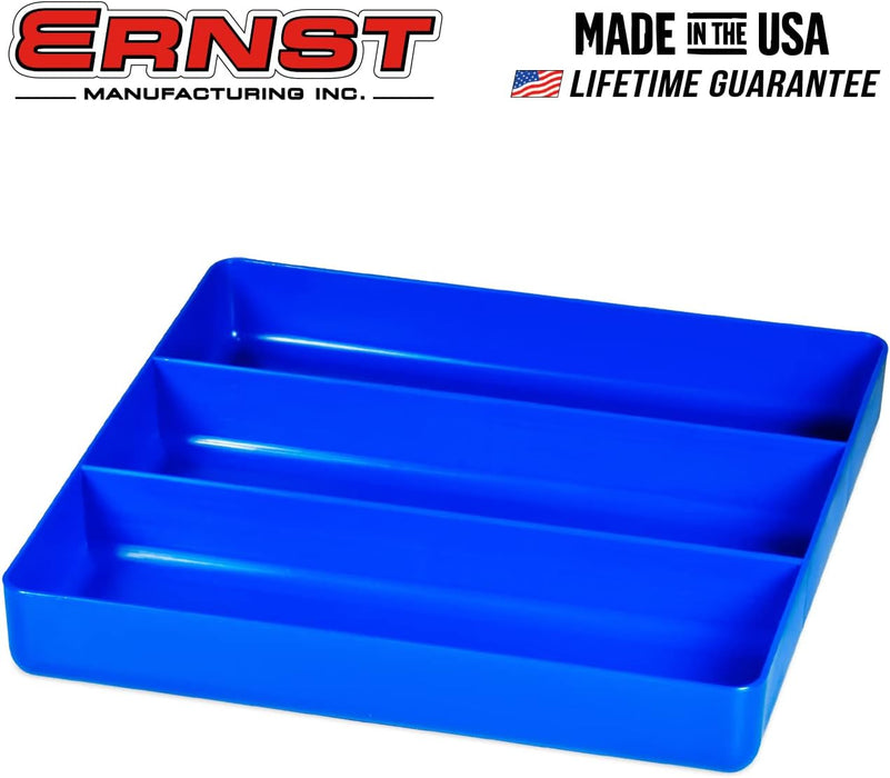 Ernst Manufacturing Toolchest Tray: Stackable Garage Organizer Tray in Blue with 3 Compartments - For Trades, Mechanics, Electricians, Plumbers, Household Use, Hobbies - Heavy Duty - Made in the USA