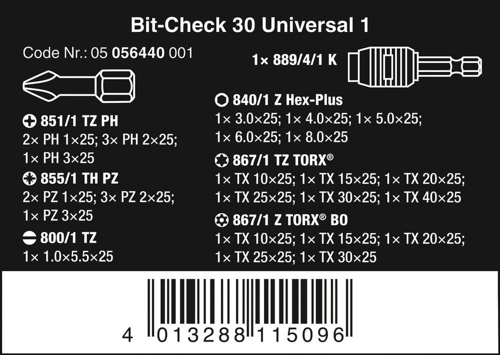 Wera Tools (5056440001) BC Universal Rapidaptor Bit-Check, 30-Piece Set