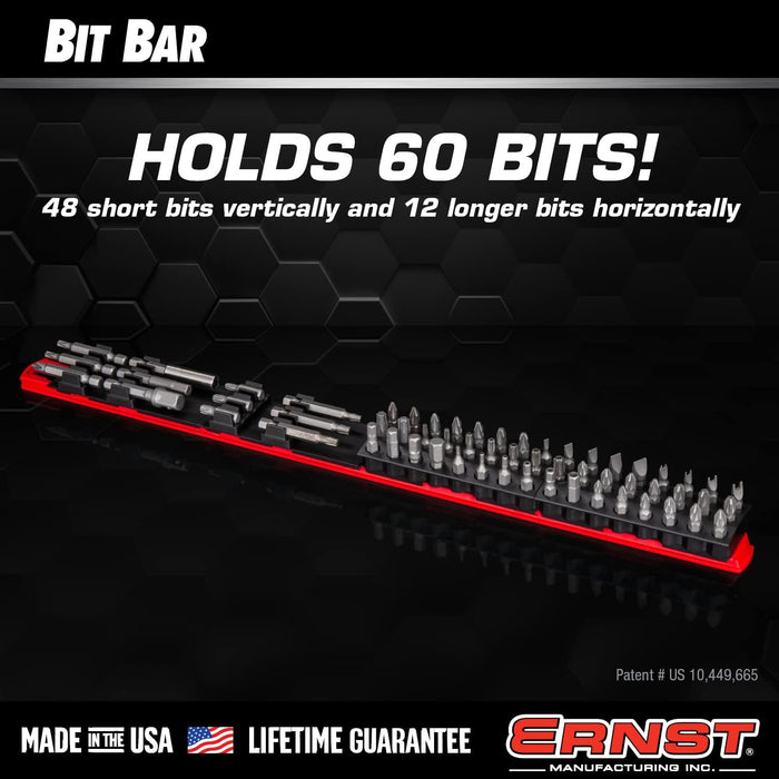 Ernst Manufacturing 60 Tool Bit Bar with Magnetic Base, 1/4" Hex Bit Storage and Organizer for Professionals - Black/Hi-Viz 60 Tool Black & Hi-Viz