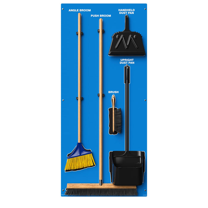 Clean & Sweep PSB616BUBK 5S Shadow Board/Wall Mount Broom Holder, 68" x 30" Board, 5S Cleaning Station with Broom and Dustpan Set Included, Blue/Black