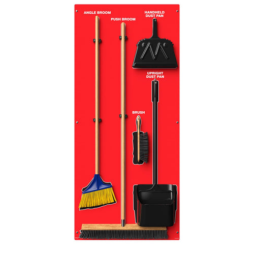 Clean & Sweep 5S Shadow Board/Wall Mount Broom Holder, 68" x 30" Board, 5S Cleaning Station - with Broom and Dustpan Set Included, PSB116RDBK Red/Black Accu-Shield