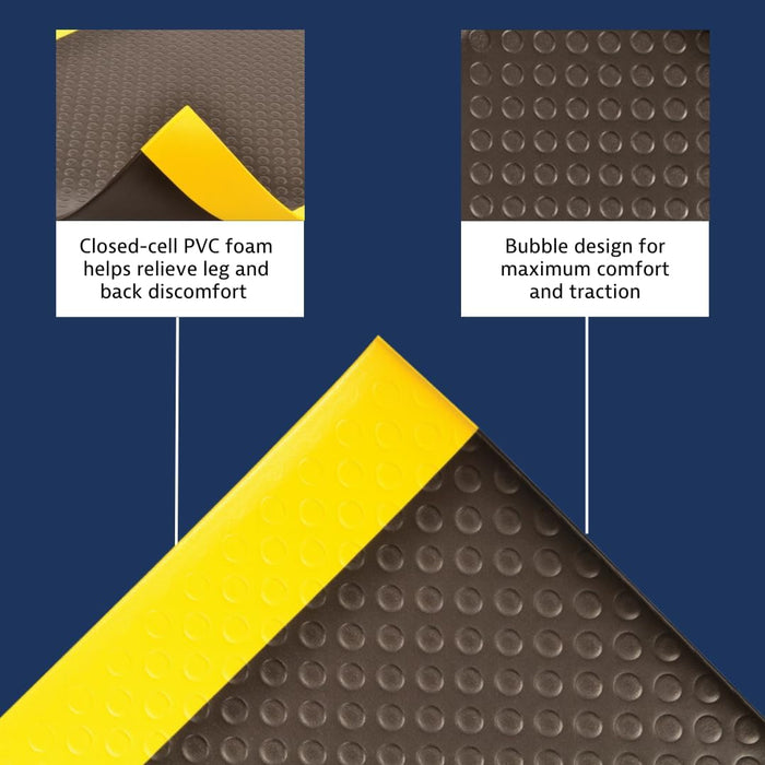 Notrax | 417S0036BY | Notrax 417 Bubble Sof-Tred with Dyna-Shield 3' x 6' x 1/2" Anti Fatigue Mat, Slip Resistant Bubble Textured Surface, Ideal for Industrial and Commercial Workplaces, Black/Yellow, 417S0036BY