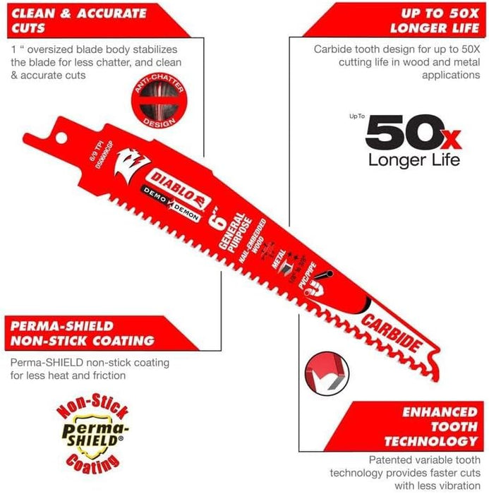 Diablo (DS0909CGP3) Demo Demon Carbide Teeth Reciprocating Saw Blades for General Purpose Cuts - 9" Length, 6/9 TPI (Pack of 3)