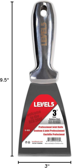 3" All Stainless Steel Joint Knife - LEVEL5 | Professional Grade Putty Blade, Premium Polished All-Metal, Precision Ground Edge, Ergonomic, Corrosion Resistant | 5-403
