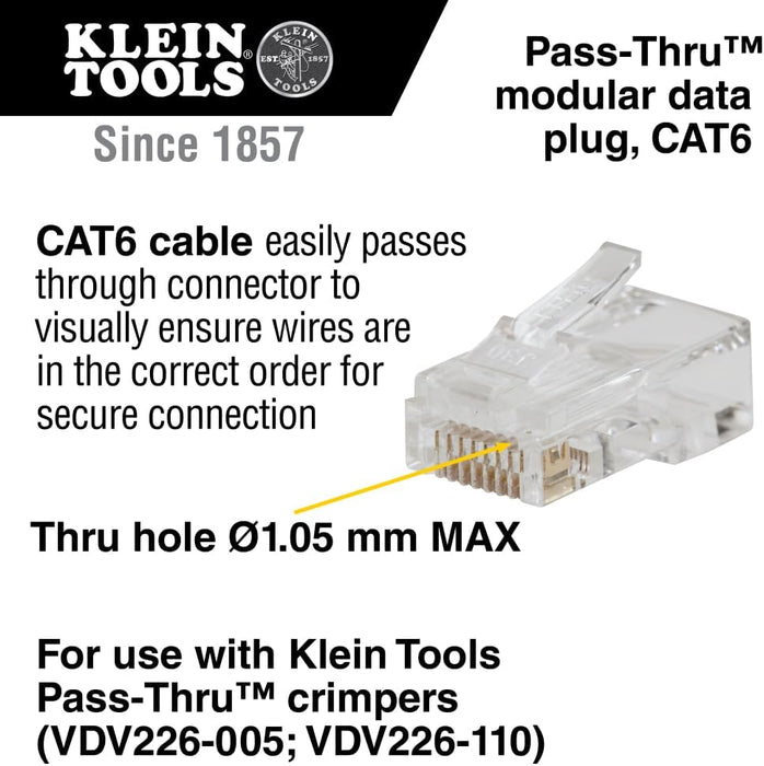 Klein Tools VDV826-729 Pass-Thru Modular Data Plugs RJ45-CAT6 (Pack of 10)