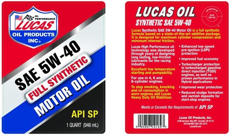 Lucas Oil 10189 SAE 5W-40 Motor Oil - 1 Quart, Pack of 6