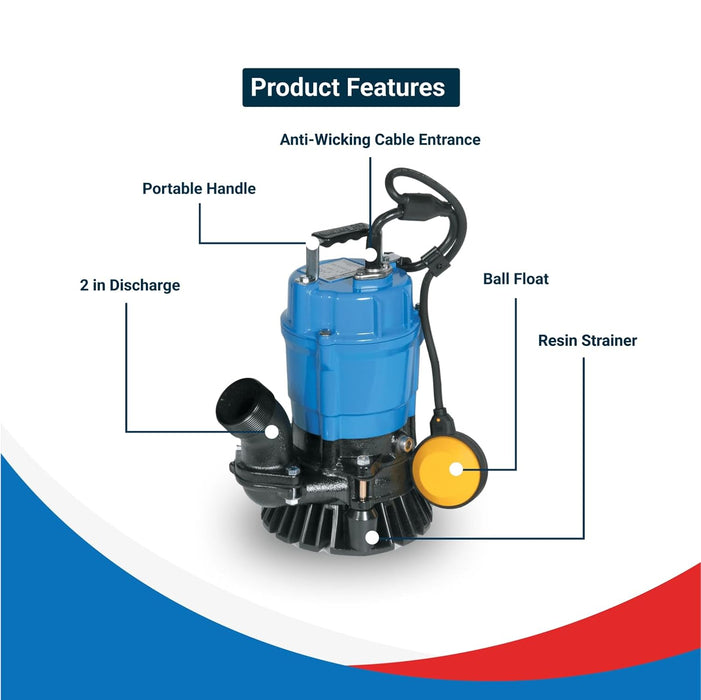 Tsurumi Pump HSZ2.4S, Submersible Trash Pump, Float Switch, 1/2 HP, 115V, 2 in Discharge, 53 GPM / 3180 GPH