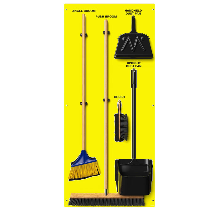 Clean & Sweep PSB616YLBK 5S Shadow Board/Wall Mount Broom Holder, 68" x 30" Board, 5S Cleaning Station - with Broom and Dustpan Set Included, Yellow/Black