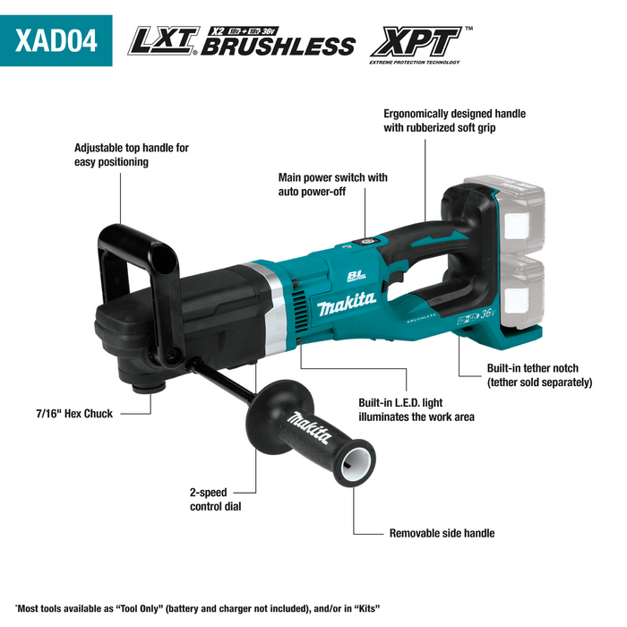 Makita XAD04Z 36V (18V X2) LXT Brushless Cordless 7/16" Hex Right Angle Drill (Tool Only)