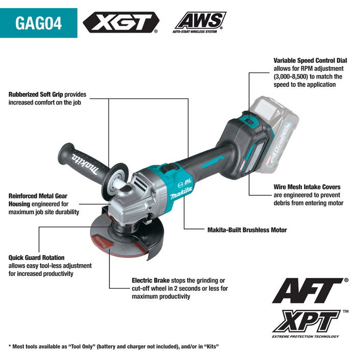 Makita GAG04Z 40V max XGT Brushless Cordless 4‑1/2” / 5" Angle Grinder, with Electric Brake, AWS Capable (Tool Only)