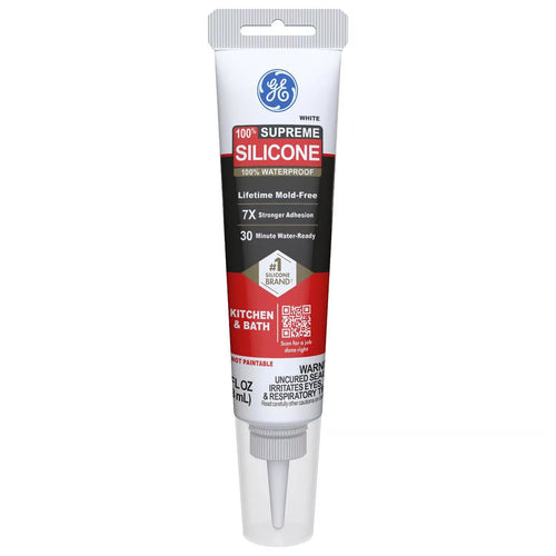 GE Supreme Silicone Caulk for Kitchen & Bathroom, White, 2.8 fl oz Tube, 100% Waterproof Silicone Sealant, 7X Stronger Adhesion, Shrink & Crack Proof
