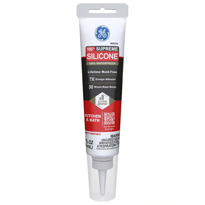 GE Supreme Silicone Caulk for Kitchen & Bathroom, White, 2.8 fl oz Tube, 100% Waterproof Silicone Sealant, 7X Stronger Adhesion, Shrink & Crack Proof