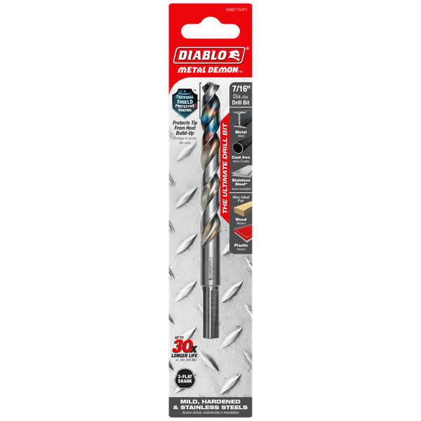 Diablo DMD716JP1 Metal Demon Drill Bit with Thermal Shield Protective Coating for Mild, Hardened and Stainless Steel - 5.6" Length, 7/16" Dia., 3-Flats Reduced Shank