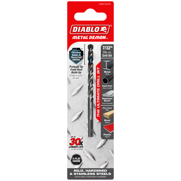 Diablo DMD732JP1 Metal Demon Drill Bits for Mild, Hardened and Stainless Steels - 7/32-Inch Diameter, 3-Flats Shank, 3.7-Inch Length