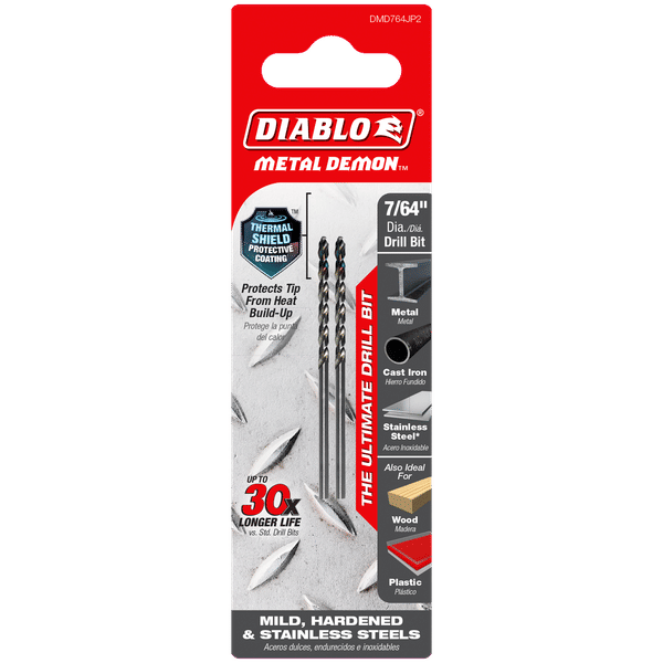 Diablo DMD764JP2 Metal Demon Drill Bits for Mild, Hardened and Stainless Steels, 7/64-Inch Diameter, CYL Shank, 2.4-Inch Length (Pack of 2)