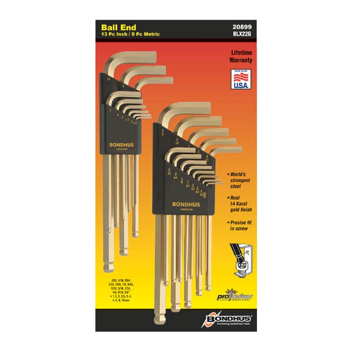 Bondhus 20899 .050" to 3/8", 1.5mm to 10mm Hex Size, Assorted Long Arm Length, GoldGuard Finish Ball Key