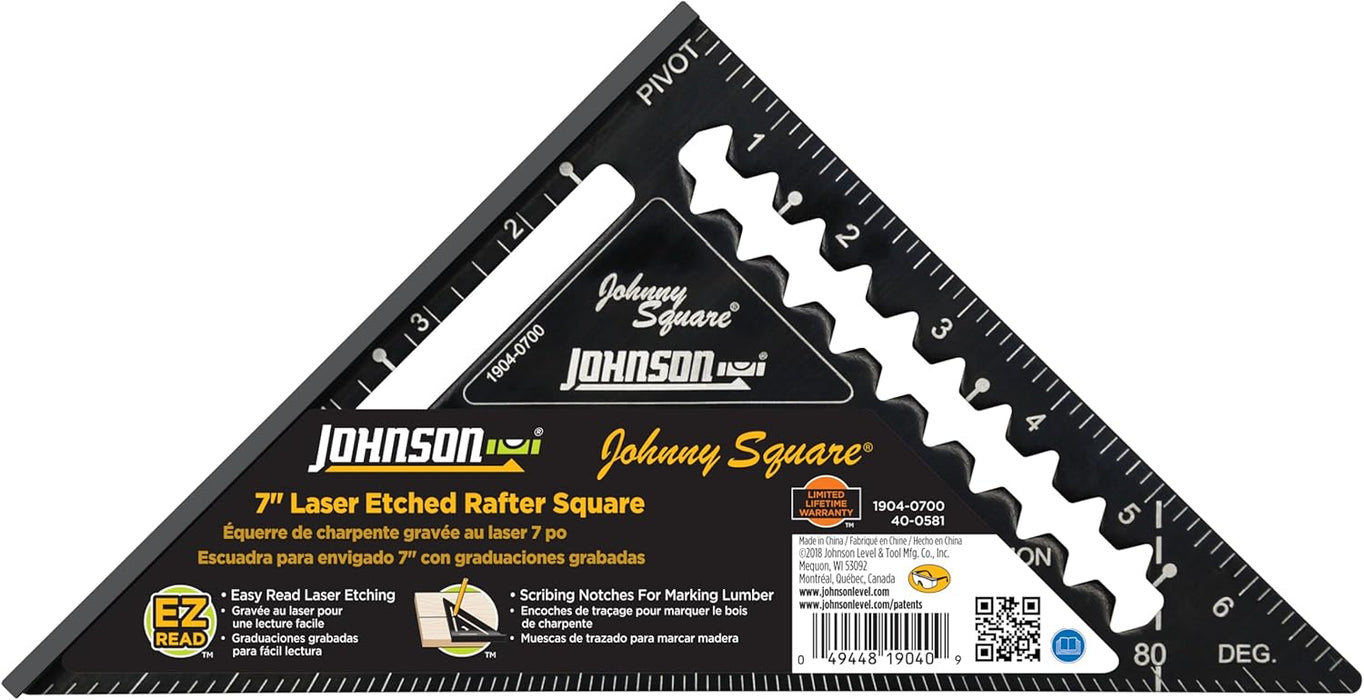 Johnson Level & Tool 1904-0700 Johnny Square Professional Easy-Read Aluminum Rafter Square, 7"