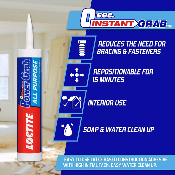 Loctite Power Grab Express All Purpose Construction Adhesive, 9 fl oz Cartridge, Versatile Construction Glue for Cement, Tile, Wall & More (Pack of 12)