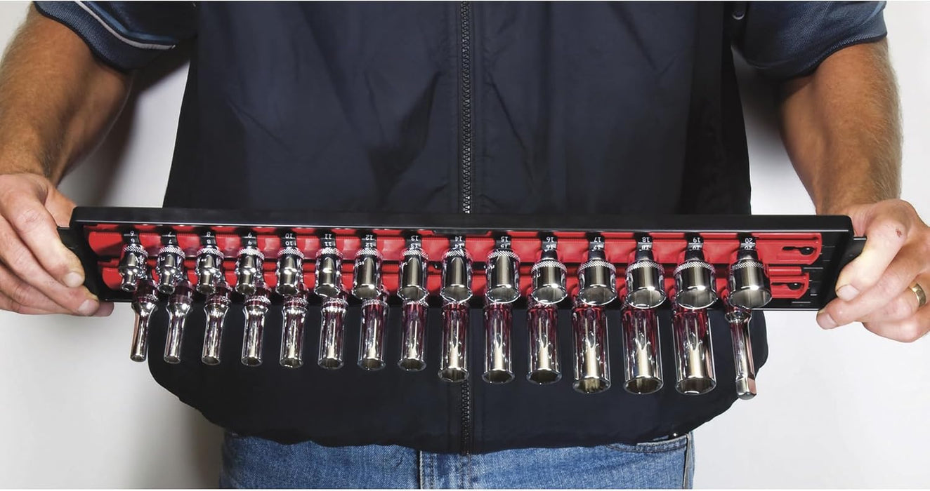 Ernst Manufacturing - 8453 Socket Boss 2-Rail 3/8-Inch-Drive Socket Organizer, 19-Inch, Red - Socket Storage Tray and Organization System for Mechanics and Automotive Service Technicians - Made in USA 19-INCH 3/8" Red