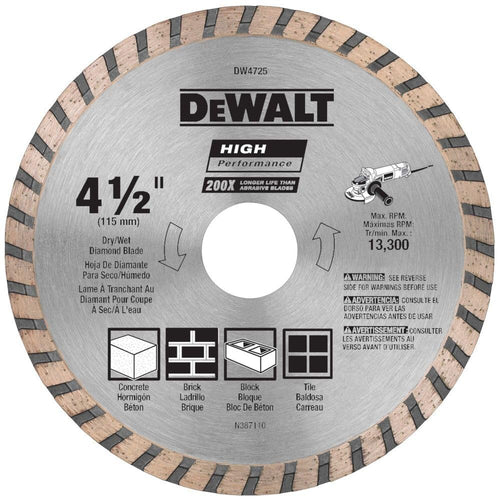 DEWALT DW4725 Diamond Blade for Masonry, Dry Cutting, Continuous Rim, 7/8-Inch Arbor, 4-1/2-Inch