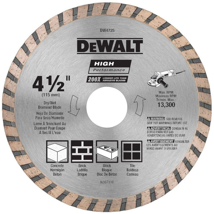 DEWALT DW4725 Diamond Blade for Masonry, Dry Cutting, Continuous Rim, 7/8-Inch Arbor, 4-1/2-Inch