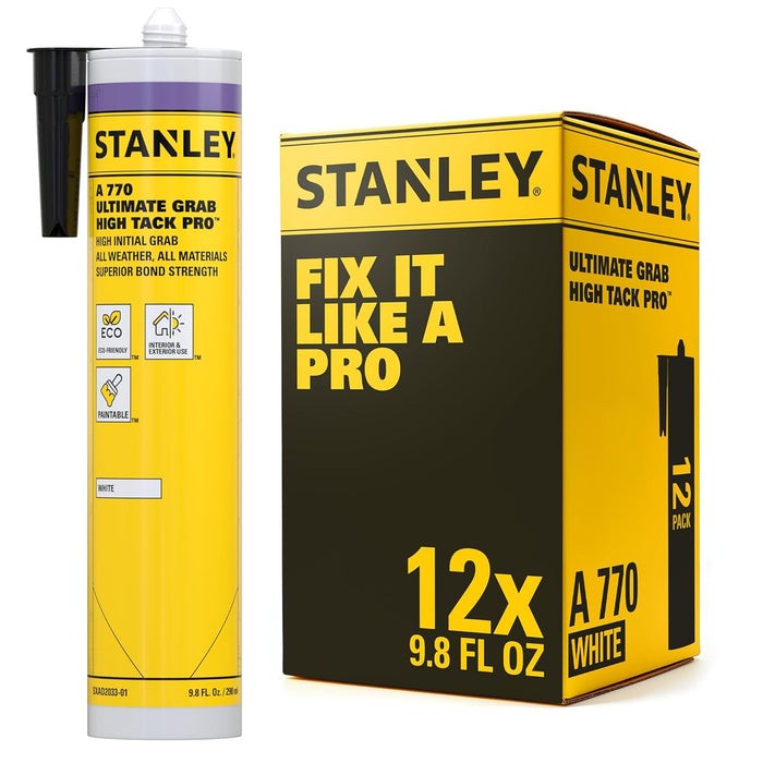 STANLEY High Tack Grab Adhesive Caulk - Hybrid Polymer and Bonding, 9.8 oz (Pack of 12)