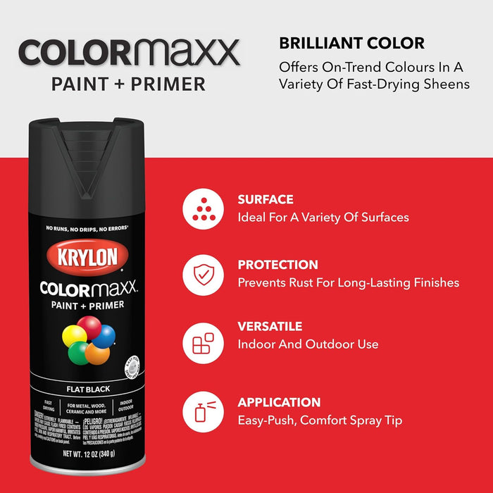 Krylon K05546007 COLORmaxx Spray Paint and Primer for Indoor/Outdoor Use, Flat Black, 12 Ounce (Pack of 1)