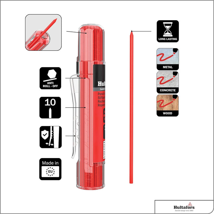 Hultafors Tools 650150 Dry Marker Refills HRD, Heavy Duty, Multi-Purpose, Red, 10 Leads