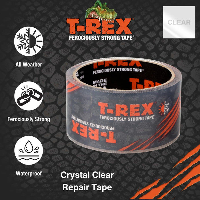 T-REX 241535 Ferociously Strong Repair Tape, Sticks to Wet Surfaces, All Weather and UV Resistant, 1.88" x 9 Yards, Clear, 1-Roll