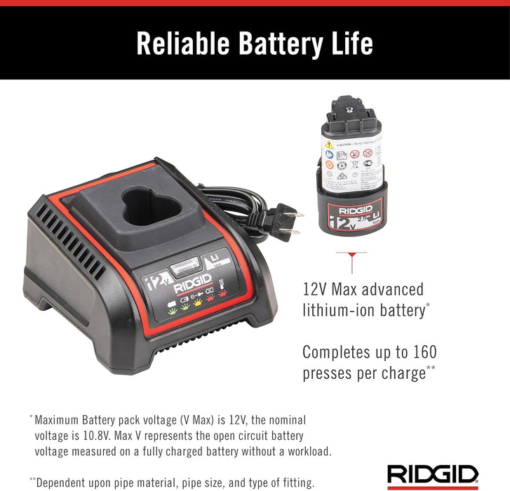 RIDGID (RP115) 72553 Mini Press Tool and Battery Kit with 1/2" to 3/4" ProPress Press Tool Jaws, 2V Li/Ion Battery, 12V Charger, and Carrying Case