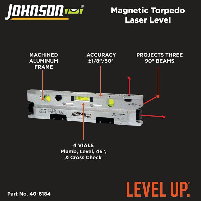 Johnson 40-6184 Magnetic Torpedo Laser Level, Silver & Black