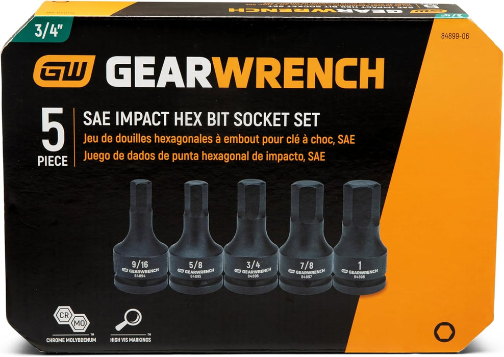GEARWRENCH 84968-06 Impact Hex Bit Socket Set, 3/4-in Drive, 5 Piece, Metric