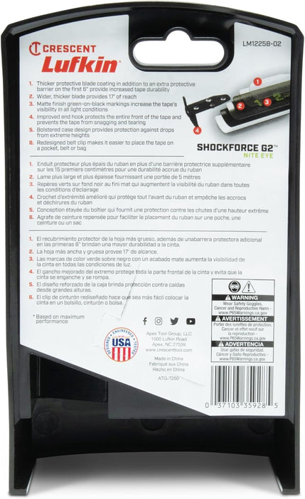 Lufkin (LM1225B-02) Shockforce G2 25-ft Nite Eye Magnetic Tape Measure