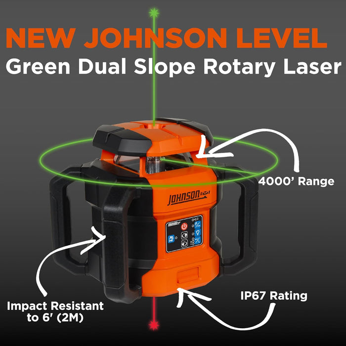 Johnson JRT300-GNHV-K Self-Leveling Dual Slope Rotary Laser Kit with GreenBrite Technology, 4,000FT Range, Lithium Ion Batteries, Magnetic Target, Laser Detector, Remote Control
