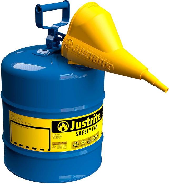 Justrite 5 Gallon Type I Blue Safety Can for Kerosene with Flame Arrester, Self-Closing Lid, and Funnel, Made in the USA, Galvanized Steel Flammable Storage Can, 7150310 Blue 5 Gallon