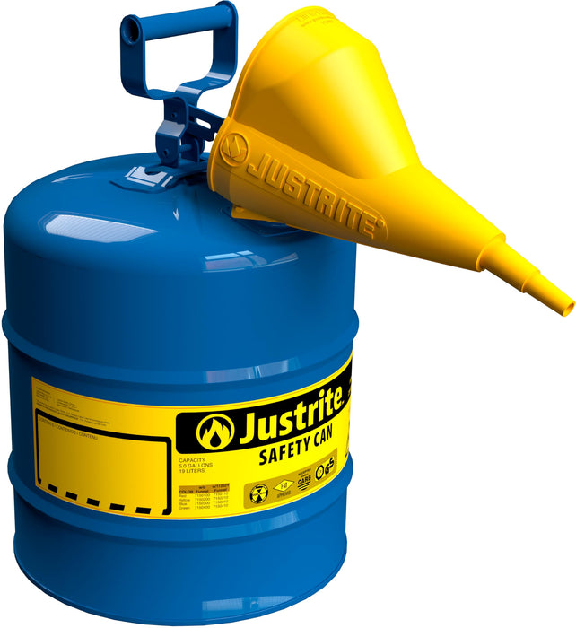 Justrite 5 Gallon Type I Blue Safety Can for Kerosene with Flame Arrester, Self-Closing Lid, and Funnel, Made in the USA, Galvanized Steel Flammable Storage Can, 7150310 Blue 5 Gallon