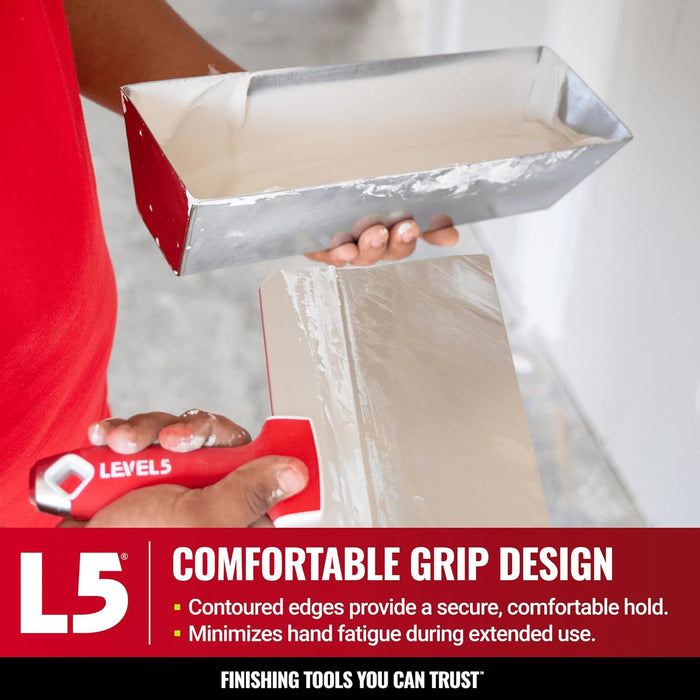 12" Stainless Steel Mud Pan + Ergonomic Contoured Base - LEVEL5 | Pro-Grade | Drywall Masonry Tool Tray Bucket | 5-332