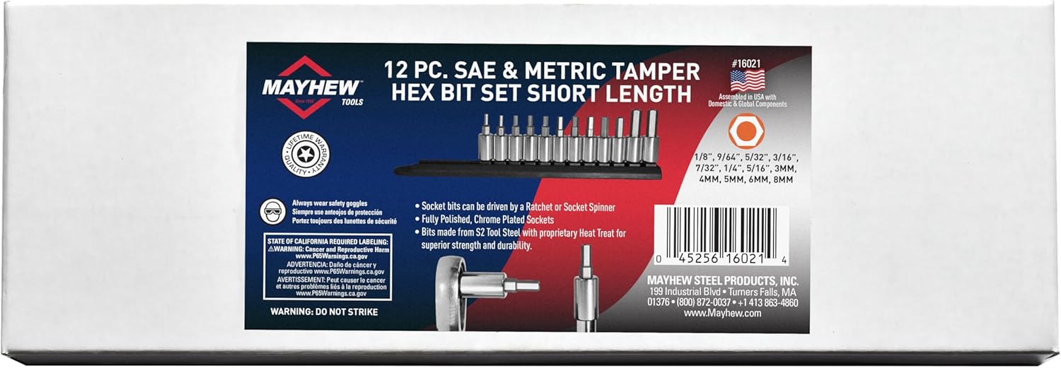 Mayhew Tools 16021 SAE and Metric Tamper Hex Socket Bit Set, Chrome Plated, 12-Piece Polished Chrome 12-Piece SAE/MM Tamperproof Hex