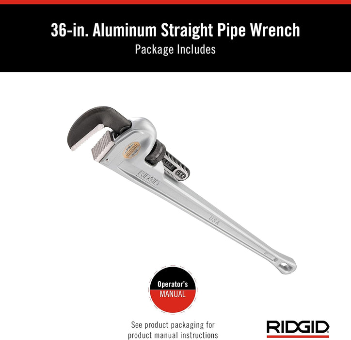 RIDGID (31110) Model 836 Aluminum Straight 36" Plumbing Pipe Wrench, Silver, Made In The USA
