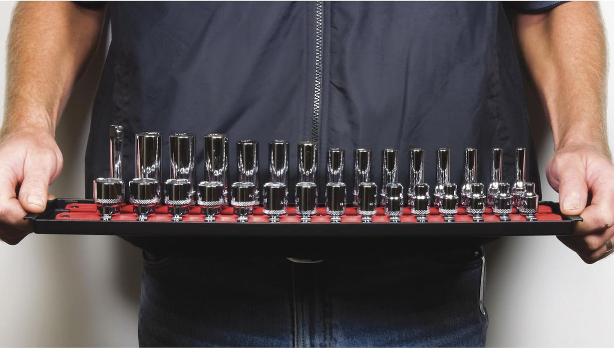 Ernst Manufacturing 18-Inch Socket Boss 2-Rail 1/2-Inch-Drive Socket Organizer with Twist Lock Secure Hold and Toolbox Drawer Tray, Red - Made in USA