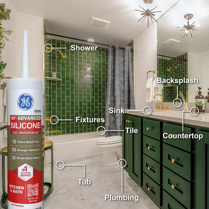 GE Advanced Silicone Caulk for Kitchen & Bathroom, Clear, 10 fl oz Cartridge, 100% Waterproof Silicone Sealant, 5X Stronger Adhesion, Shrink & Crack Proof (Pack of 12)