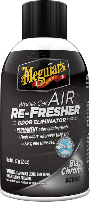 Meguiar's Whole Car Air Refresher, Car Odor Eliminator Spray Permanently Eliminates Unwanted Vehicle Odors Throughout Your Interior, Black Chrome Scent, 2 Oz Aerosol Canister