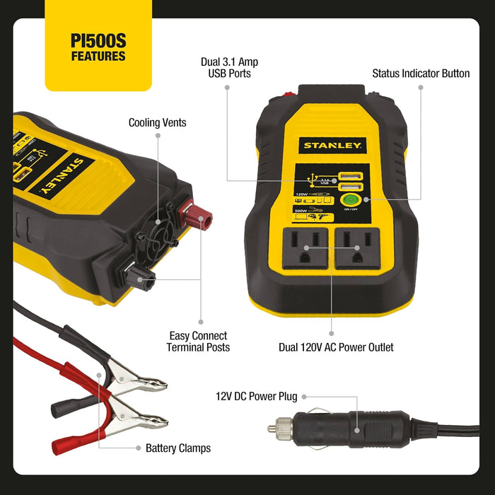 STANLEY PI500S Power Inverter 500W Car Converter: Dual AC Outlets, 3.1A USB Ports, 12V DC Adapter, Battery Clamps