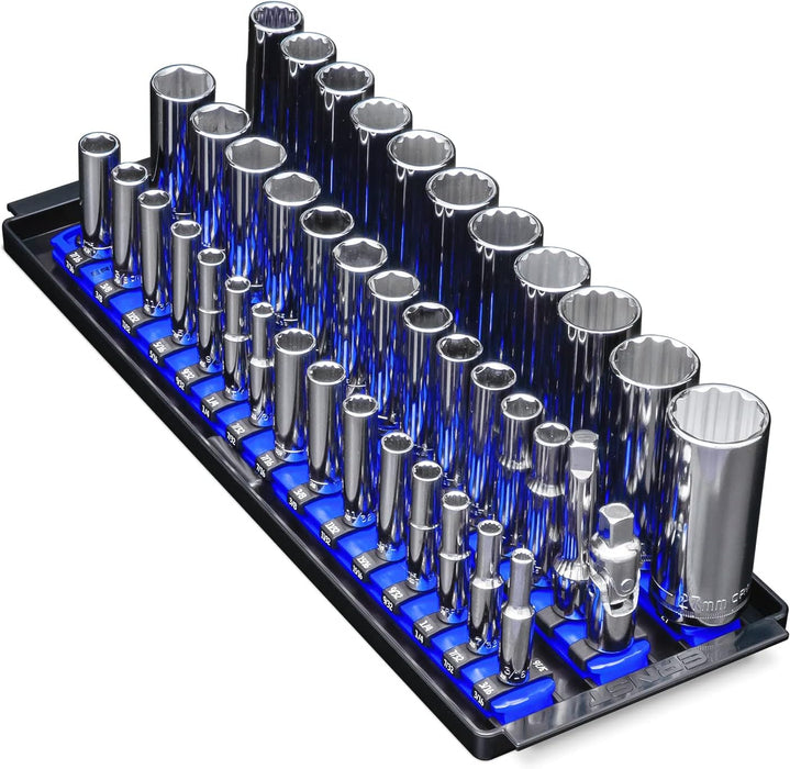 Ernst Manufacturing 8491 Socket Boss Multi-Drive Socket Organizer Tray with 13” Socket Rails, Blue – Drive Socket Storage Tray for Automotive Service Technician’s Toolbox - Made in USA 13-Inch Blue