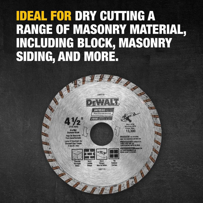 DEWALT DW4725 Diamond Blade for Masonry, Dry Cutting, Continuous Rim, 7/8-Inch Arbor, 4-1/2-Inch